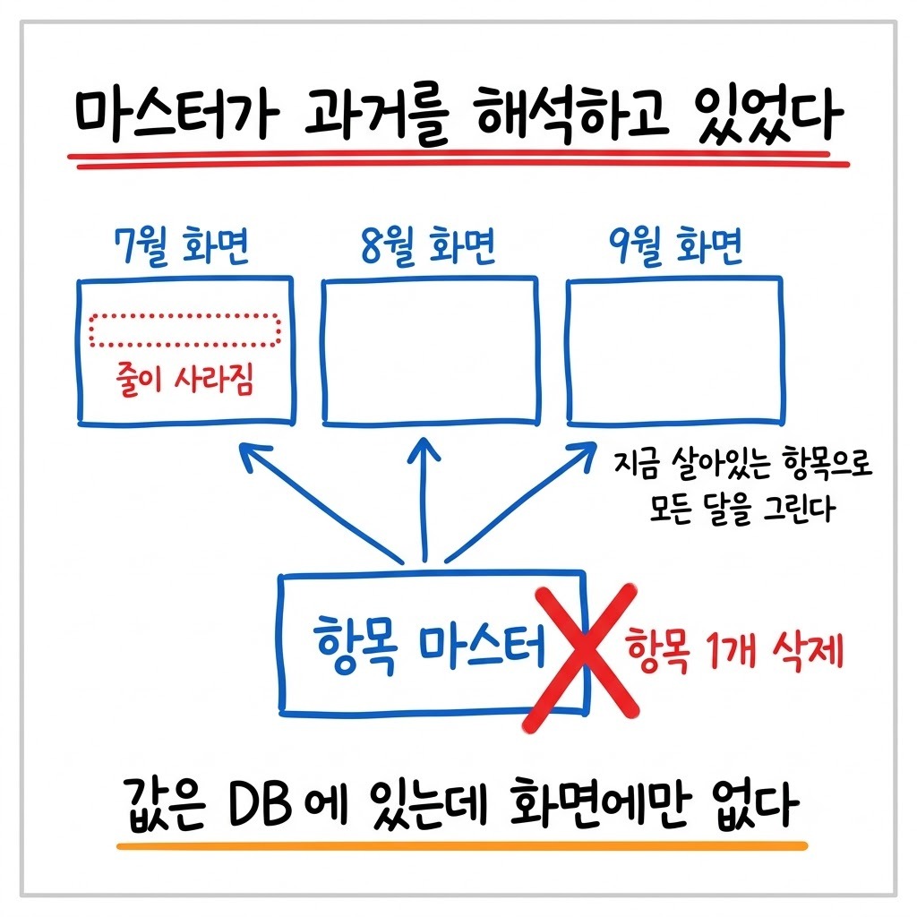항목 마스터로 과거 월을 그릴 때 항목 삭제가 지난달 화면까지 바꾸는 구조도