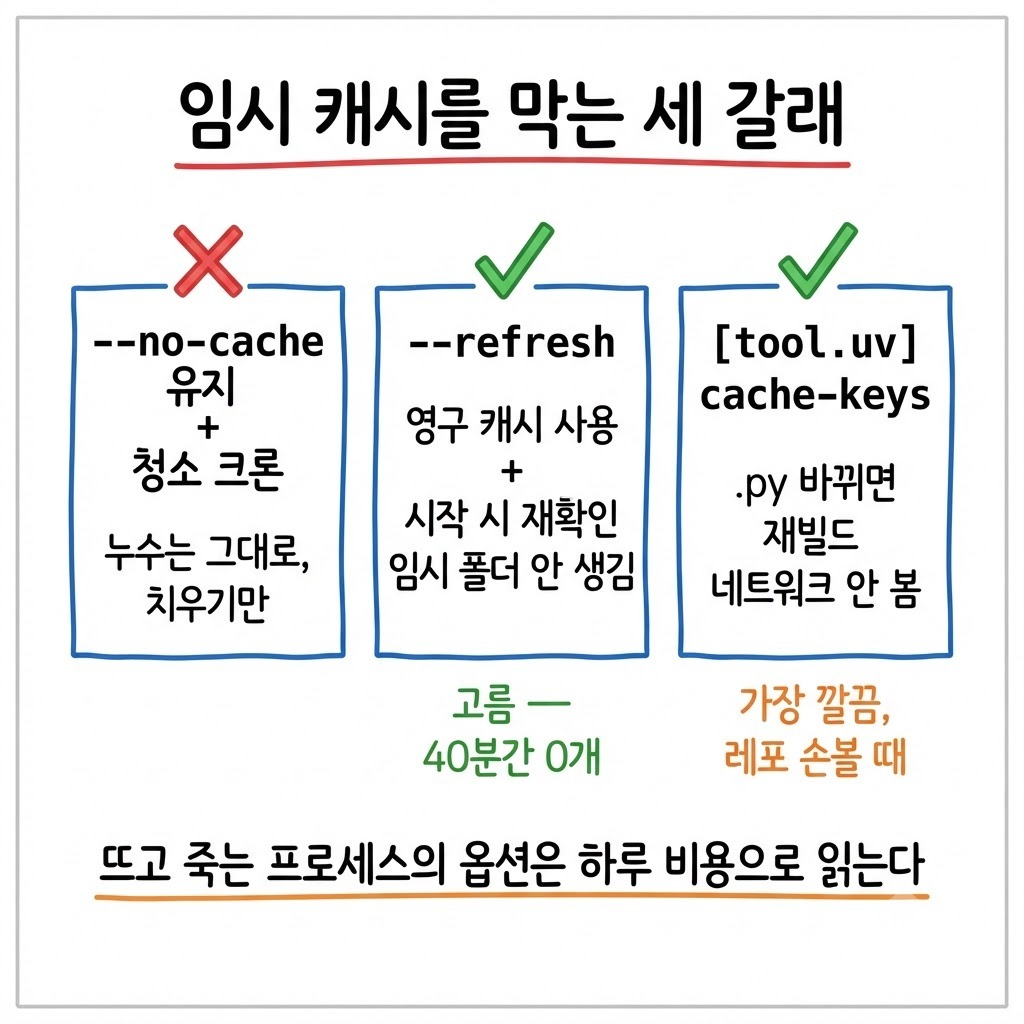 임시 캐시를 막는 세 갈래 — no-cache 유지와 청소, refresh, cache-keys 의 비교