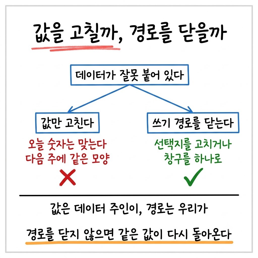 잘못 붙은 데이터를 고칠 때 값만 고치는 길과 쓰기 경로를 닫는 길이 갈리는 갈림길 그림