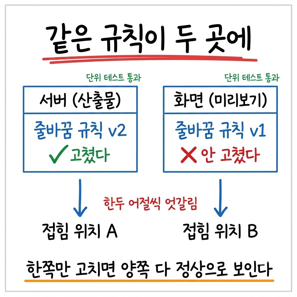 같은 줄바꿈 규칙이 서버와 화면에 따로 구현돼 한쪽만 고쳐진 쌍둥이 코드 구조도