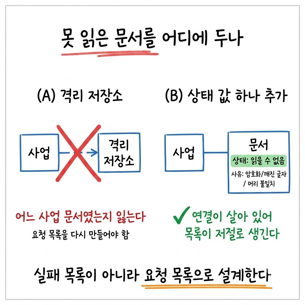격리 저장소를 새로 만드는 안과 문서 상태에 읽을 수 없음을 추가하는 안을 좌우로 비교한 그림