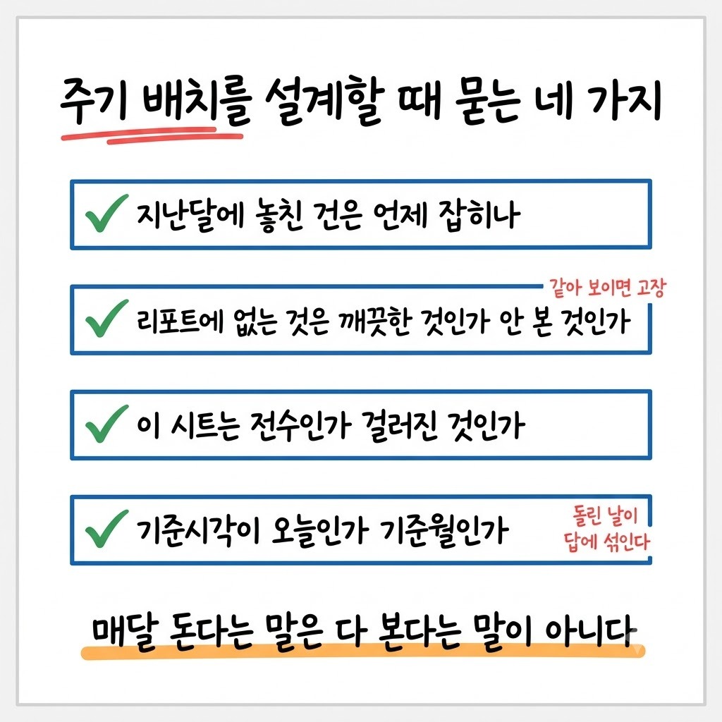 주기 배치의 판정 창을 설계할 때 확인하는 네 가지 질문을 체크 목록으로 정리한 그림