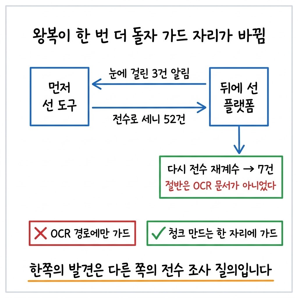 발견 3건이 전수 조사 52건을 부르고 다시 전수 재계수 7건으로 돌아와 가드 위치가 바뀌는 왕복 구조