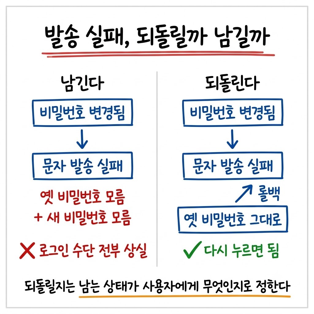 외부 발송 실패 시 비밀번호 변경을 남기는 경우와 되돌리는 경우를 비교한 다이어그램