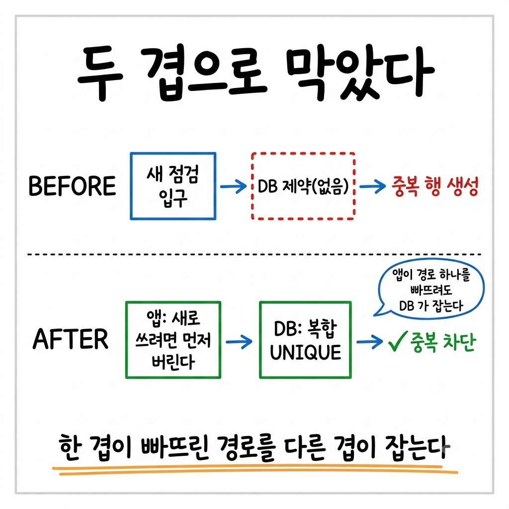 앱 층에서 입구를 없애고 DB 층에서 제약으로 막는 두 겹 방어 구조를 BEFORE AFTER 로 비교한 그림