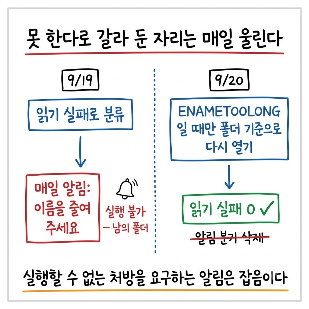 읽기 실패로 갈라 두고 매일 알림을 보내던 상태와 폴백으로 읽고 알림을 지운 상태를 좌우로 비교한 그림