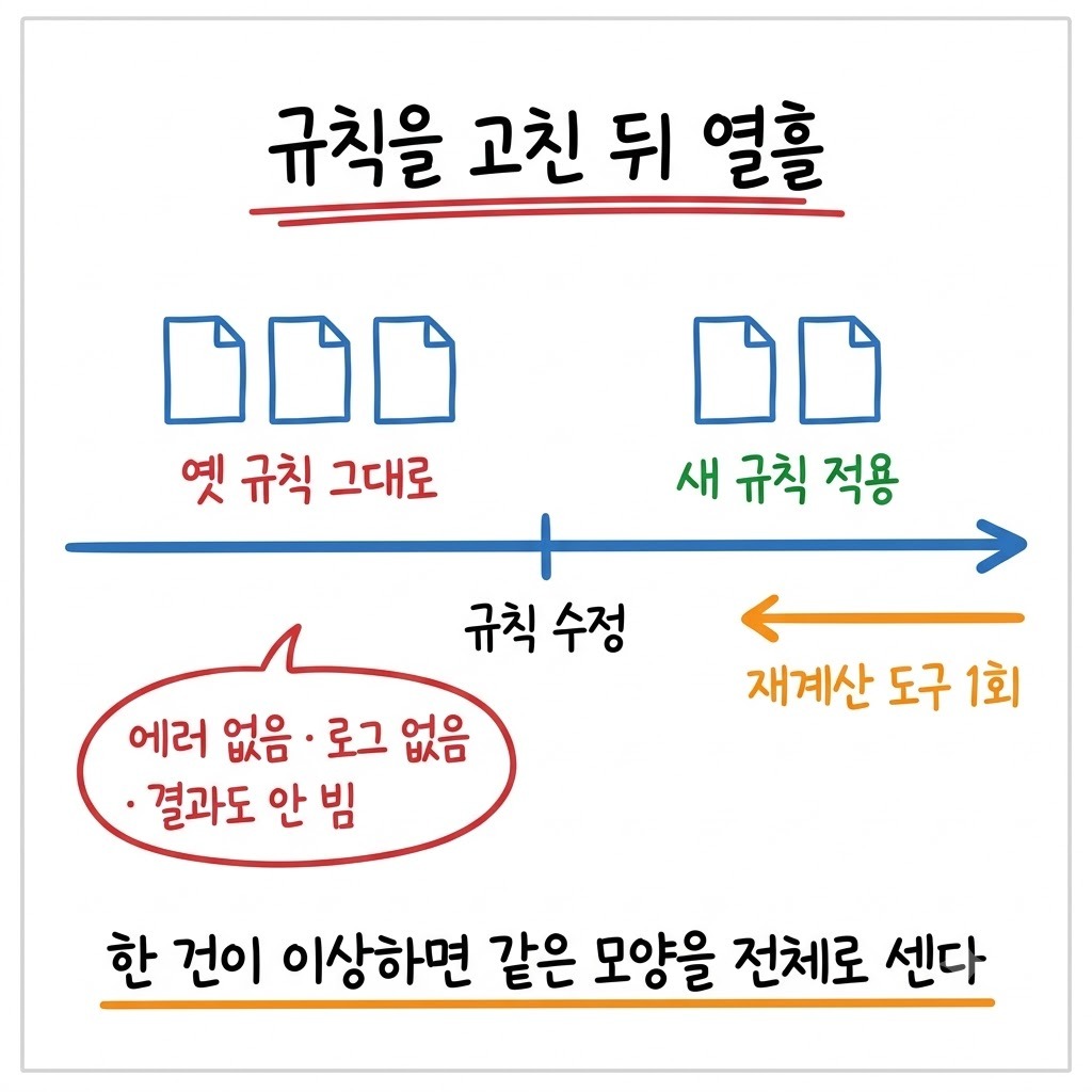 규칙을 고친 뒤 새 문서에만 적용되고 옛 문서는 옛 규칙으로 남은 상태를 그린 그림