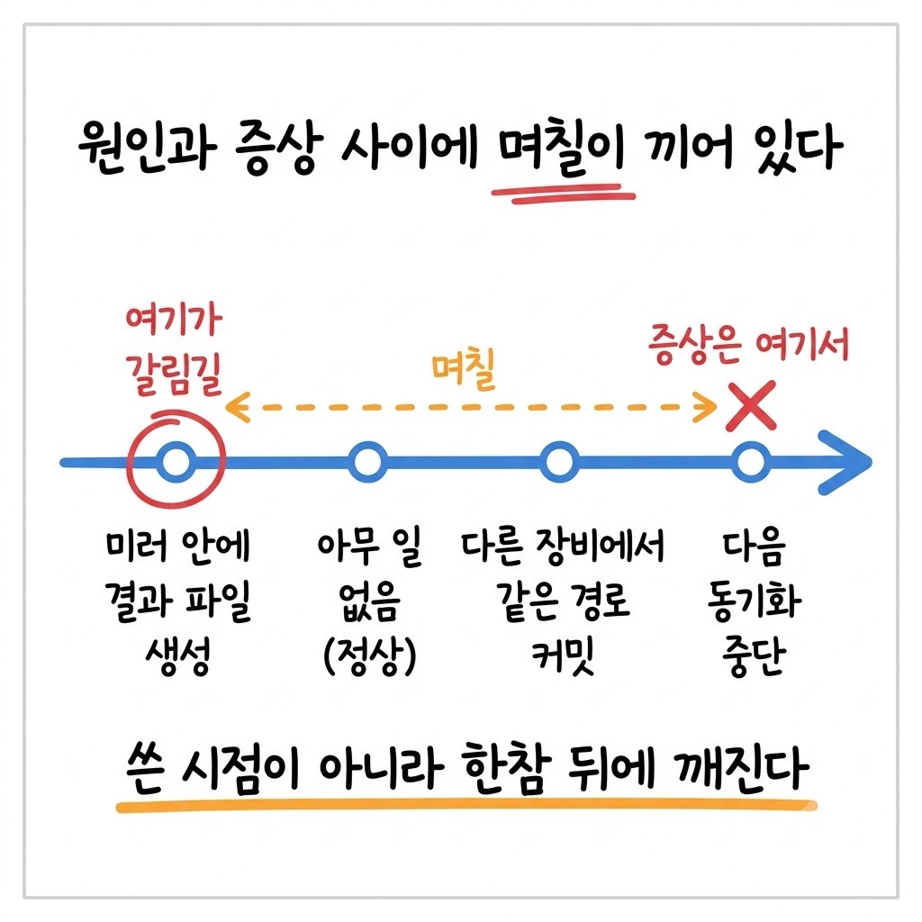 미러 저장소에 결과 파일을 쓴 시점과 동기화가 멈춘 시점 사이에 며칠의 시차가 있음을 보여주는 타임라인