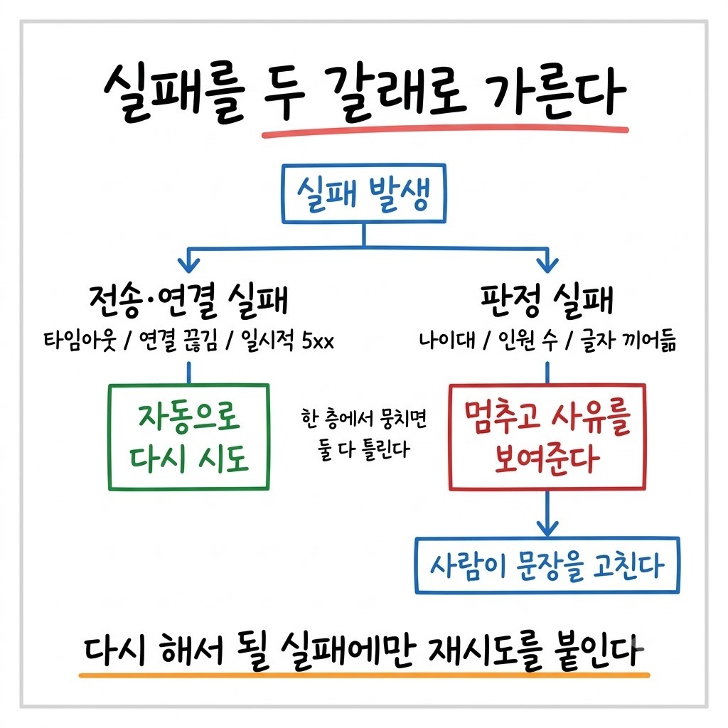 전송 실패는 자동 재시도로, 판정 실패는 사람에게 넘기는 두 갈래 분기 그림