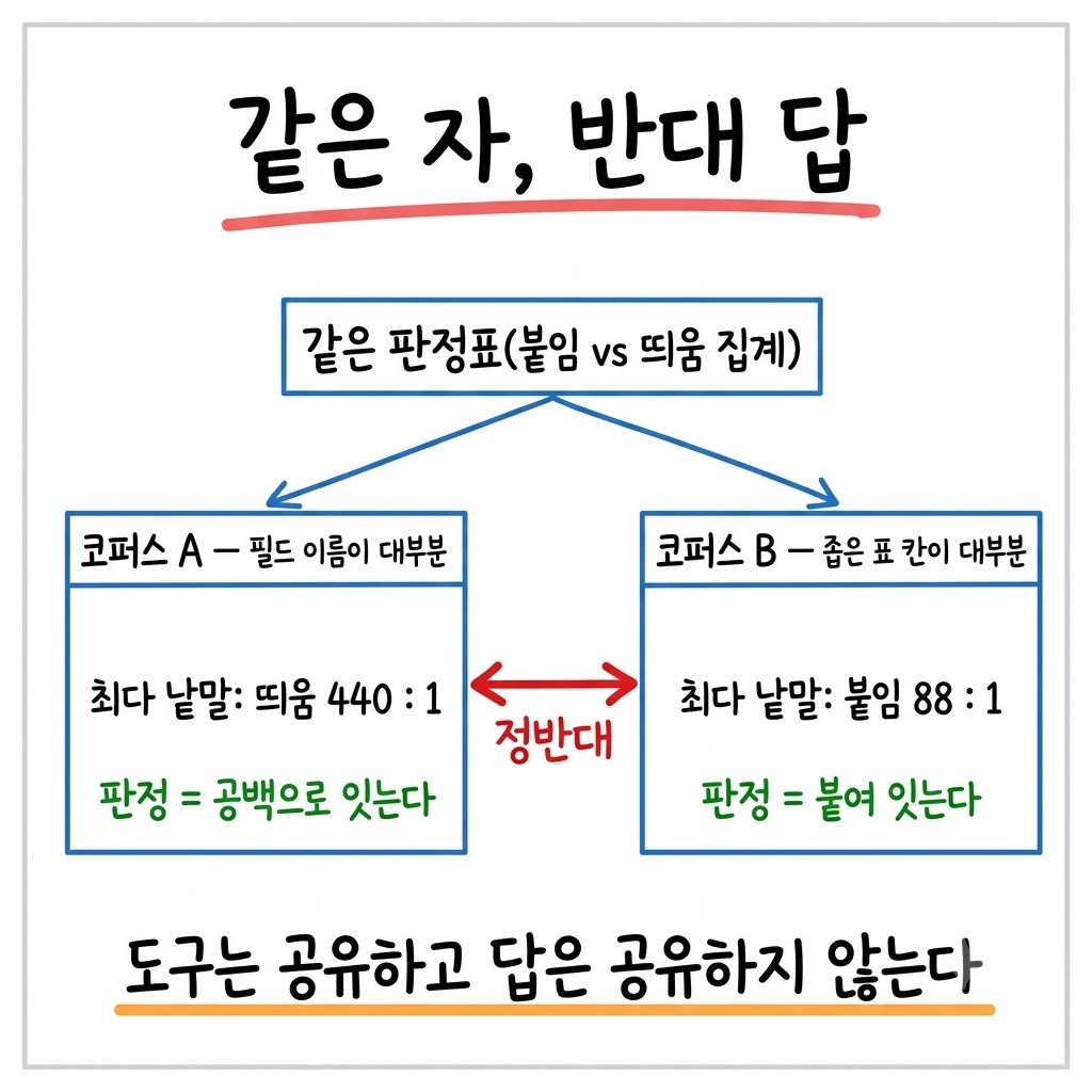 같은 판정 도구를 두 코퍼스에 대 보니 최다 낱말의 판정이 정반대로 나온 비교도