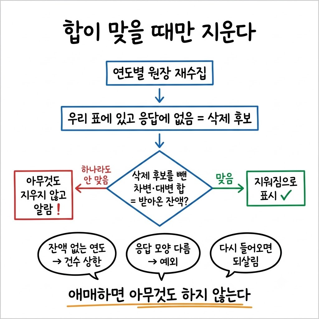 응답 대조로 찾은 삭제 후보를 잔액 합과 교차 검증해 통과할 때만 지우고 안 맞으면 알람을 올리는 판정 흐름