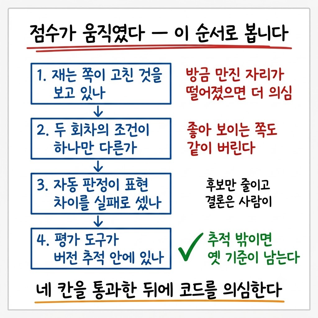 회귀 점수가 움직였을 때 평가 도구를 먼저 점검하는 네 단계 순서