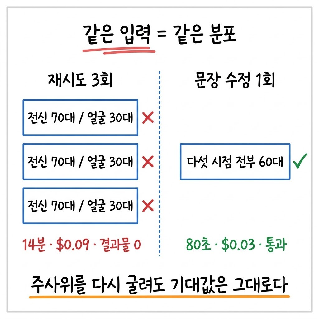 같은 프롬프트로 세 번 재시도해도 같은 분포에서 다시 뽑을 뿐이라는 것을 보여주는 비교 그림