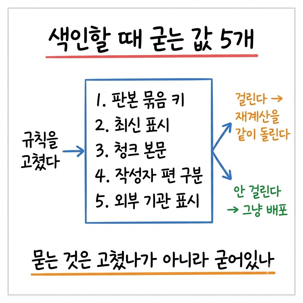 색인할 때 굳는 값 다섯 가지를 적은 목록과 규칙을 고칠 때 묻는 질문