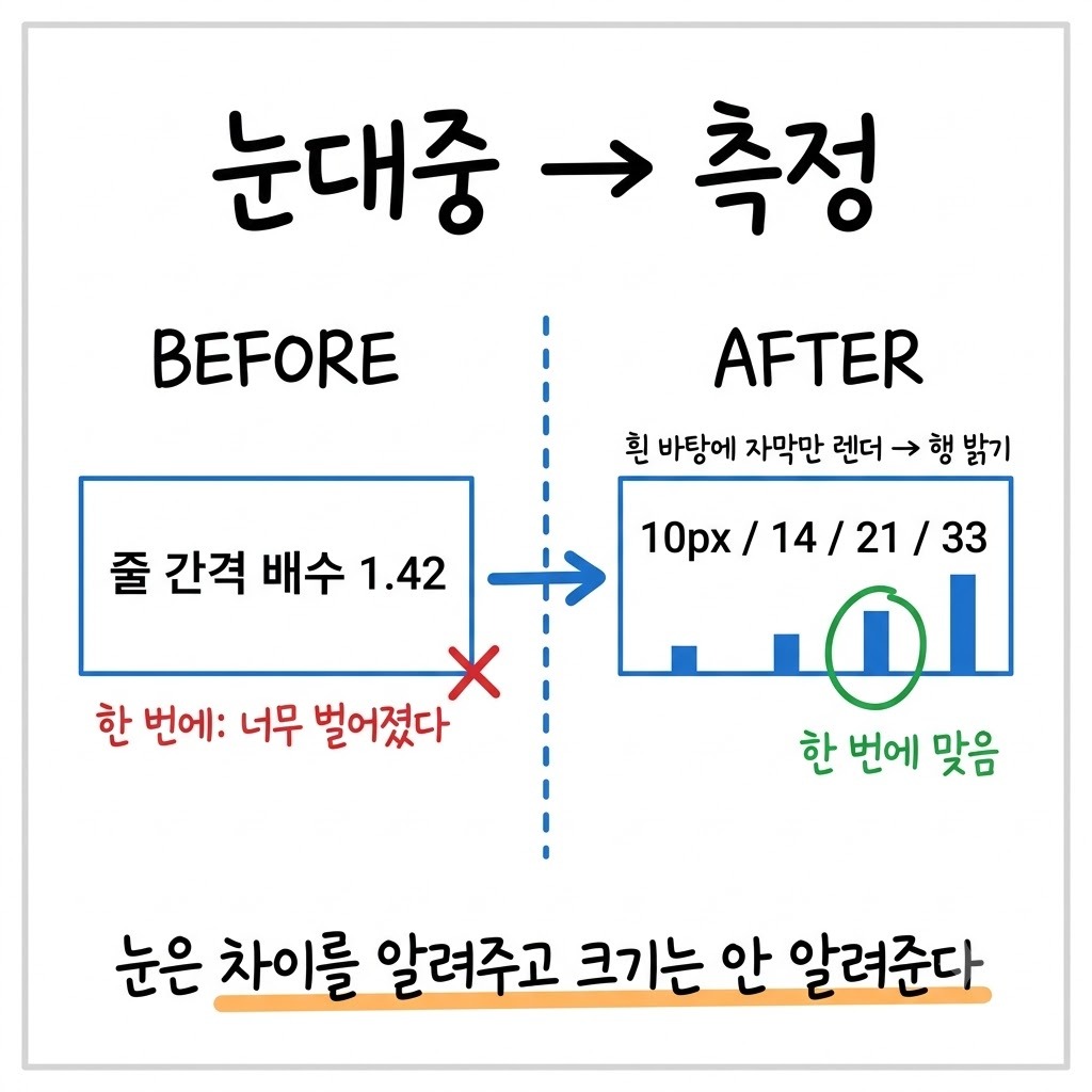 눈대중으로 정한 줄 간격과 밝기 분포를 재서 정한 줄 간격의 BEFORE AFTER 비교