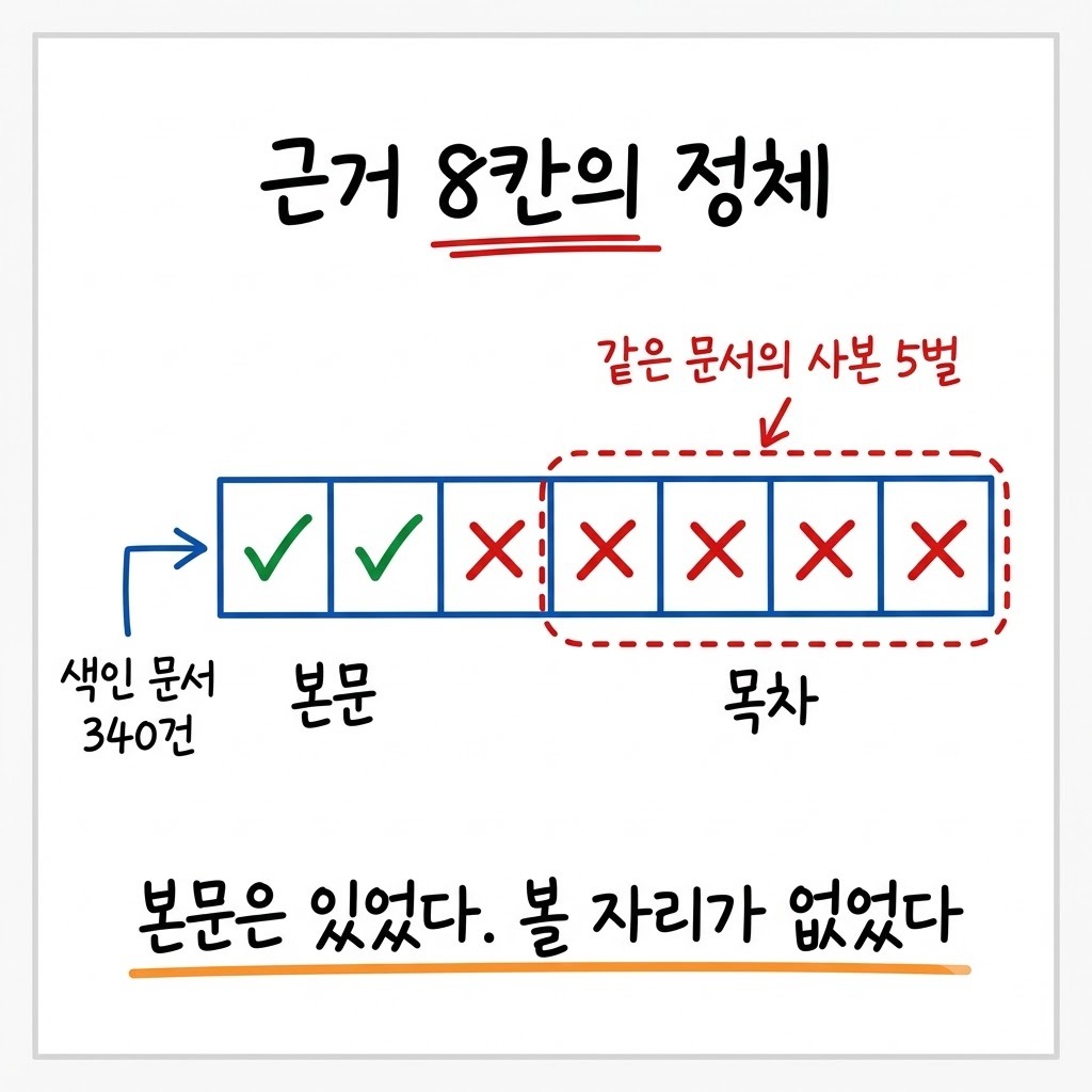 근거 여덟 칸 중 여섯 칸이 목차이고 그중 다섯 칸이 같은 문서의 사본임을 보여주는 도식