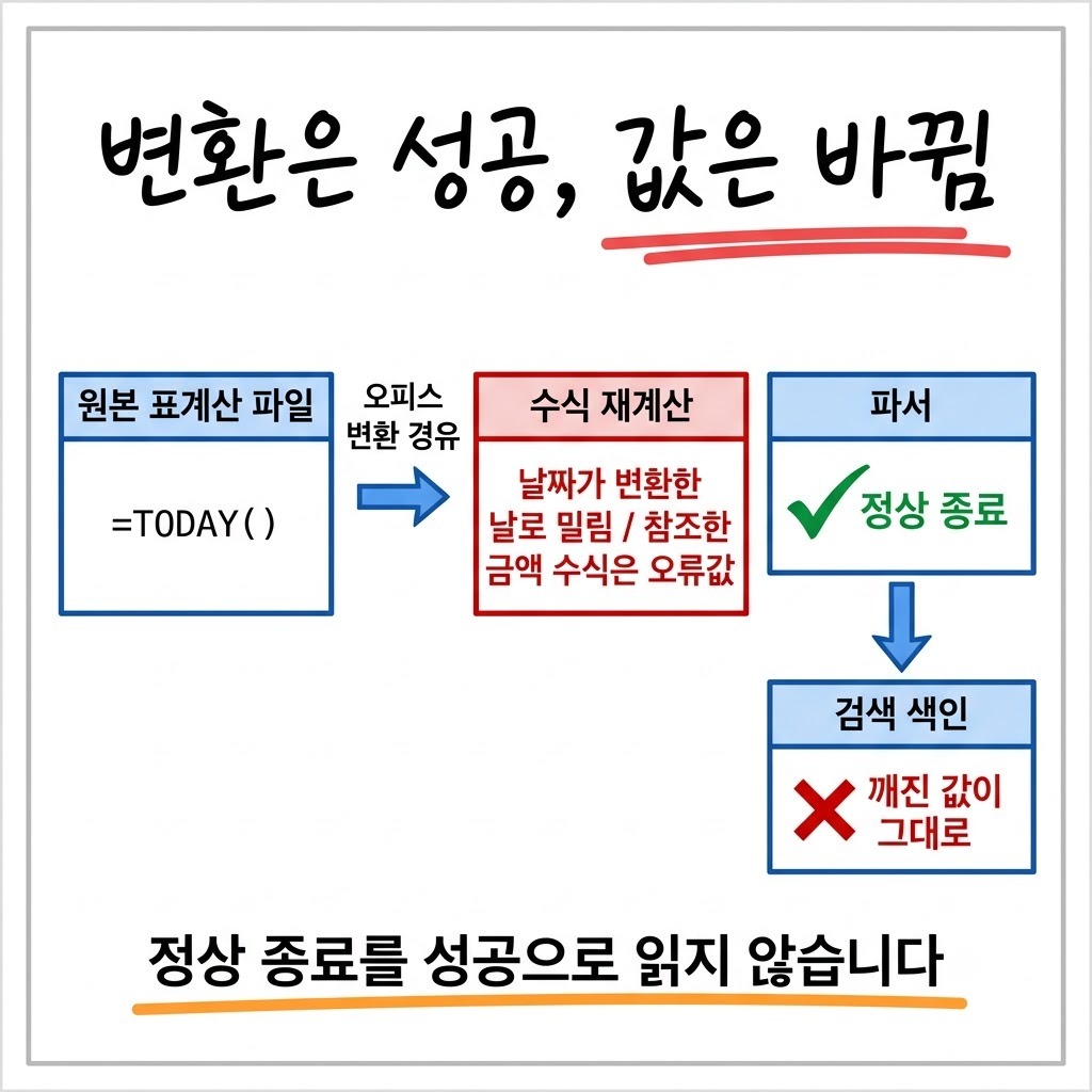 오피스 변환을 거치면 날짜 함수가 재계산되어 금액이 오류값으로 깨지는데 파서는 정상 종료하는 흐름