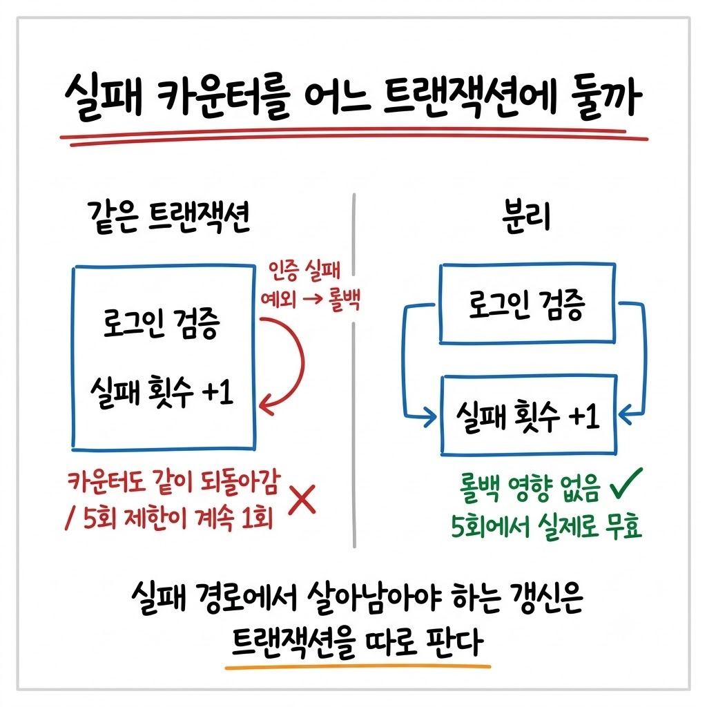 로그인 실패 카운터를 같은 트랜잭션에 둘 때와 분리할 때의 결과 차이를 그린 그림