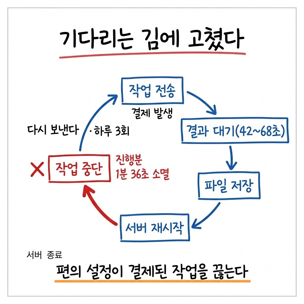 유료 작업을 보낸 뒤 코드를 저장해 서버가 재시작되고 작업이 중단되는 다섯 단계 순환 흐름도