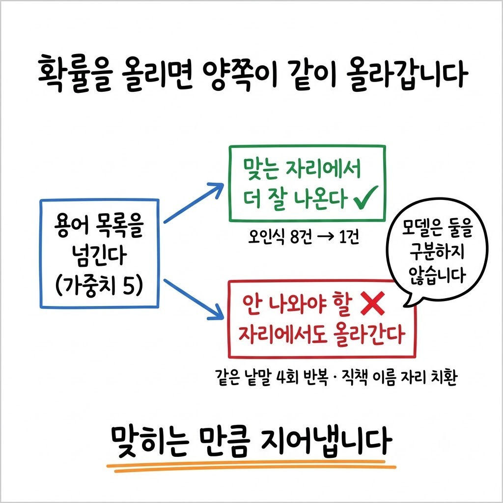 넘긴 용어의 등장 확률을 올리면 맞는 자리와 틀린 자리에서 동시에 올라간다는 인과를 그린 그림