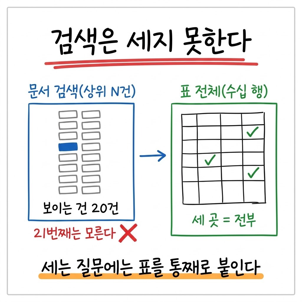상위 N건만 보는 검색과 표 전체를 세는 방식의 차이를 좌우로 비교한 그림