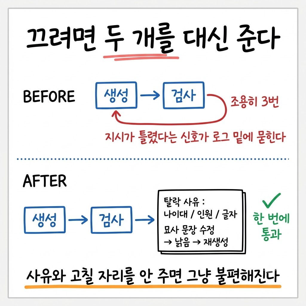자동 재시도를 끄는 대신 탈락 사유 표시와 입력 수정 화면을 붙인 전후 구조 그림