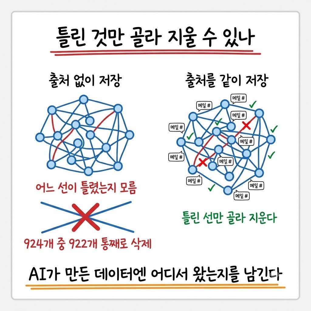 출처를 남기지 않은 관계는 통째로 지워야 하고 출처를 남긴 관계는 골라 지울 수 있다는 비교
