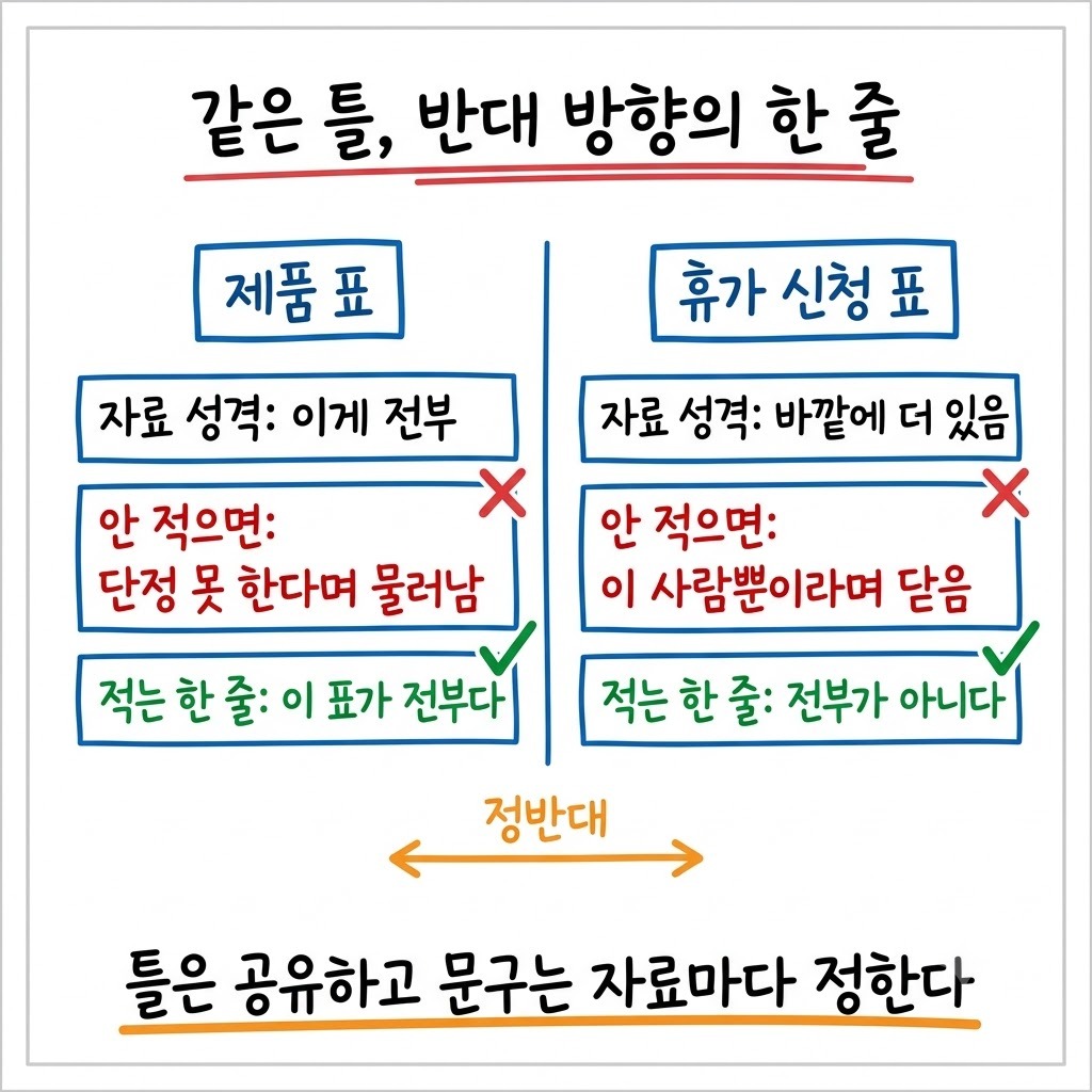 같은 틀로 붙인 두 표에 적어야 하는 완전성 한 줄이 서로 반대 방향임을 보여주는 좌우 대비 도표