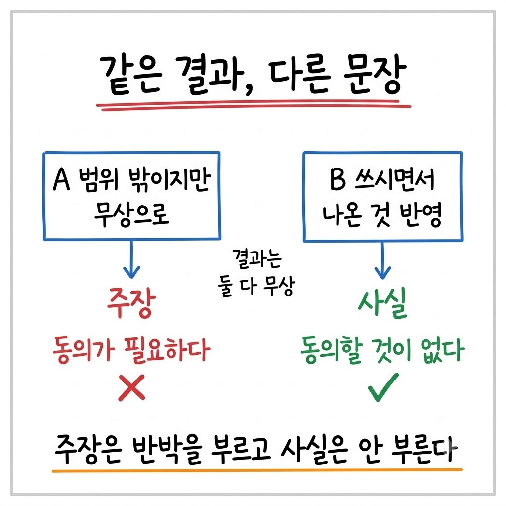 같은 사실을 가리키는 두 문장을 주장과 사실로 나눠 비교한 그림